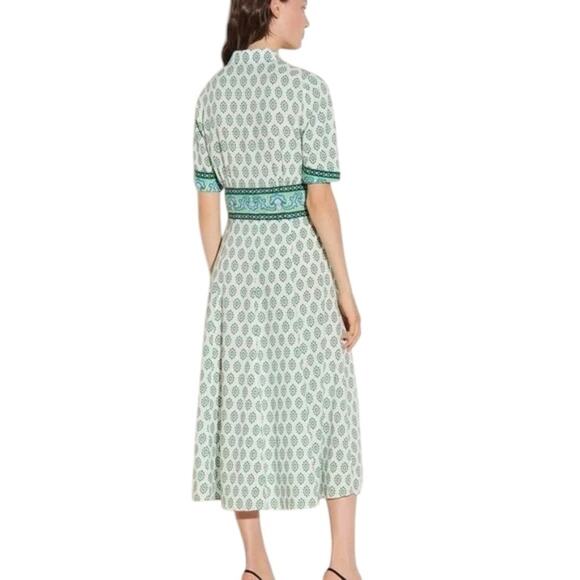 Sandro Naim Gathered Printed Woven Midi Shirt Dress Green Blue White SZ 40 US 8 - Picture 2 of 16